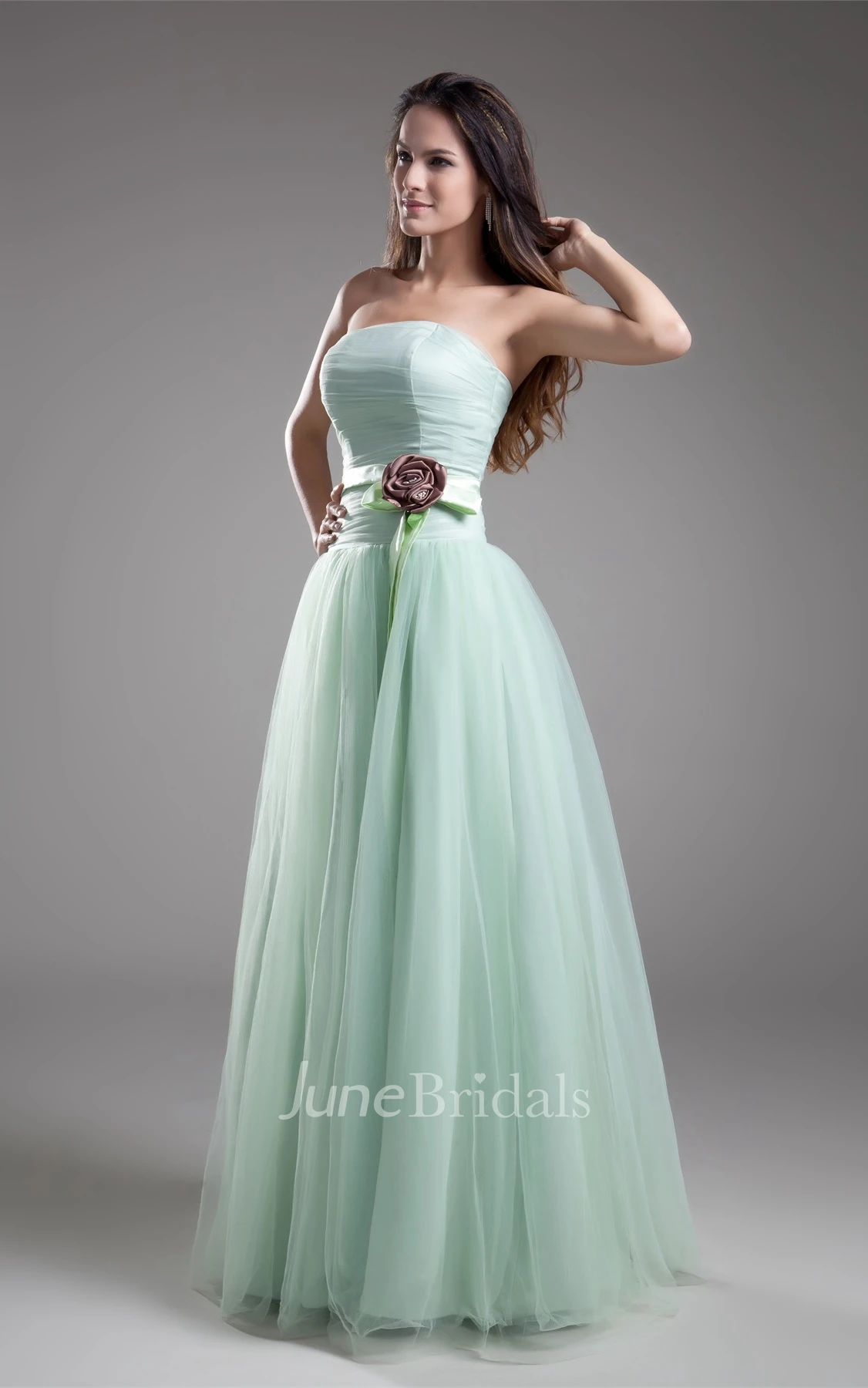 Strapless Chiffon A-Line Gown with Pleats and Flower