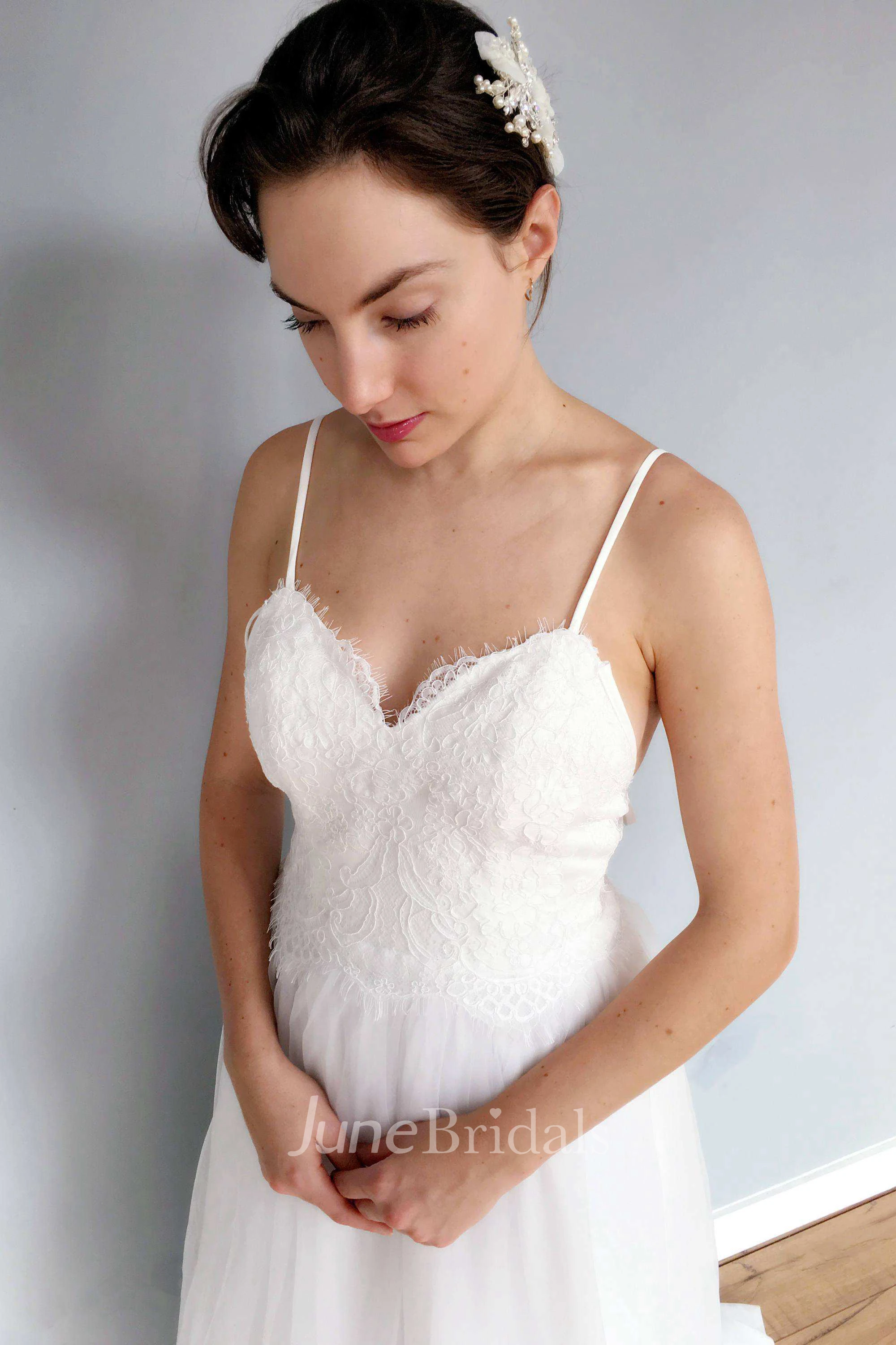 Spaghetti Sleeveless A-Line Tulle Chiffon Backless Wedding Dress With Sweep Train