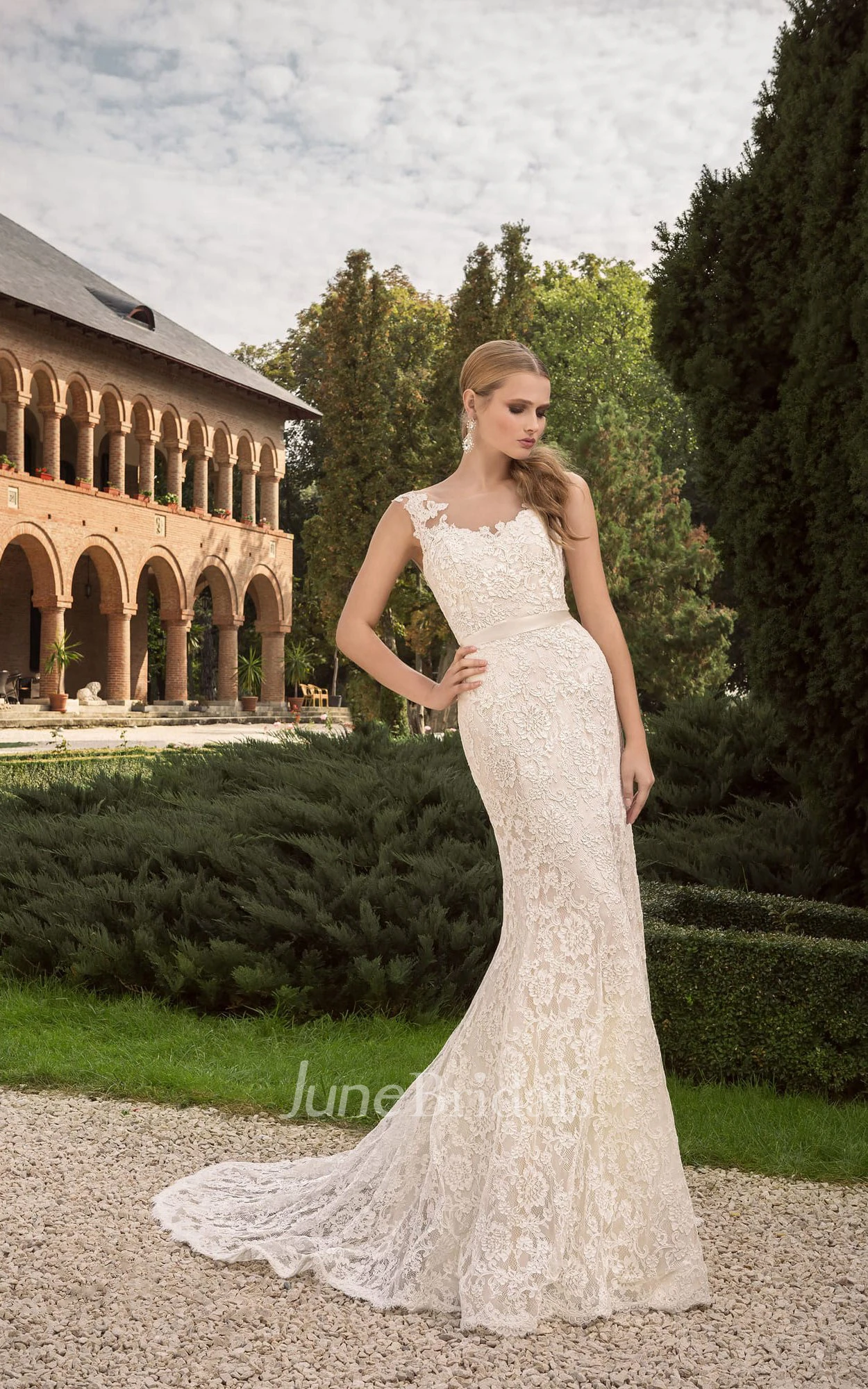 V-neck Appliques Sleeveless Low V Back Lace Sheath Dress