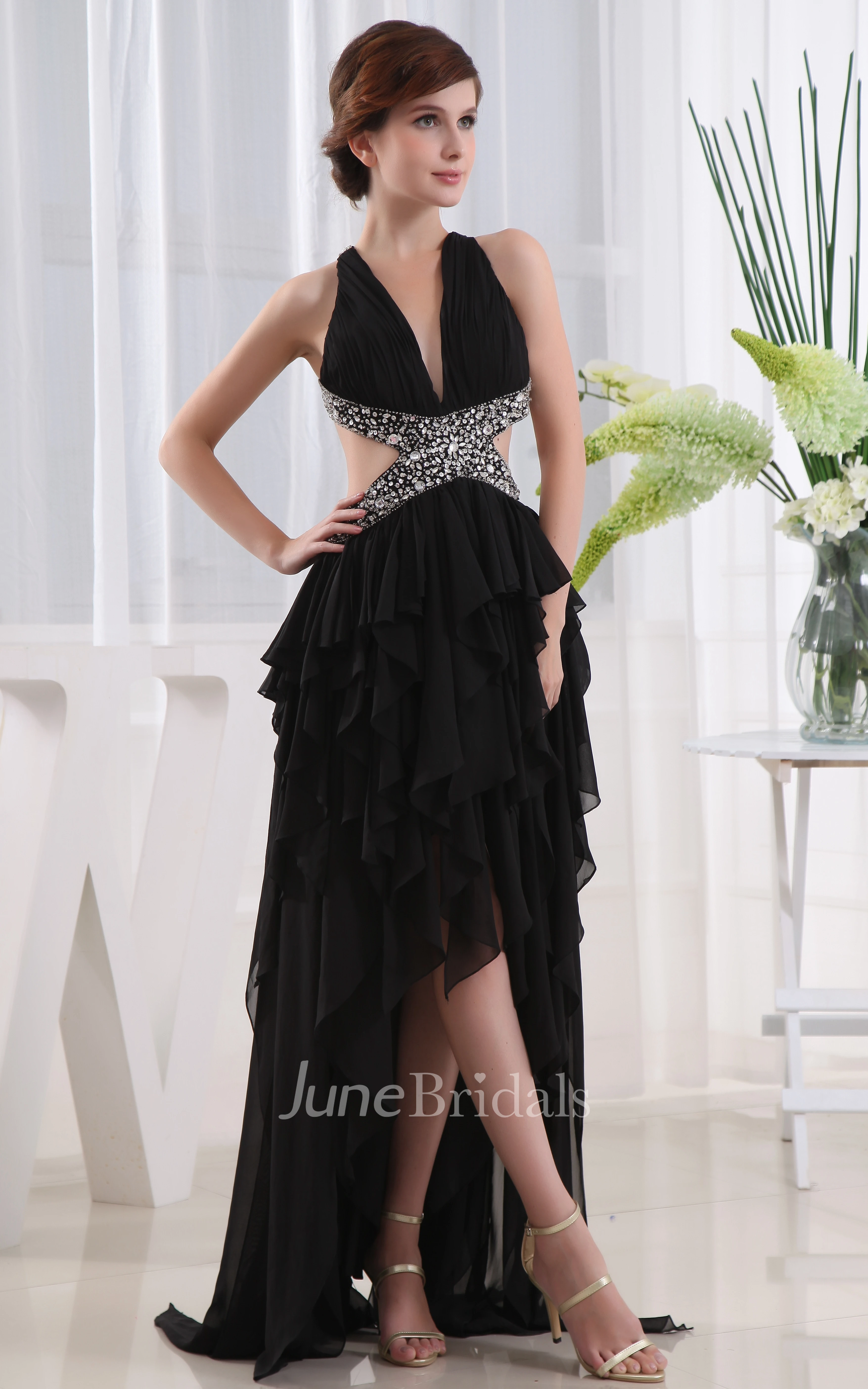 Plunged Sleeveless High-Low Dress With Beading and Cascading Ruffles