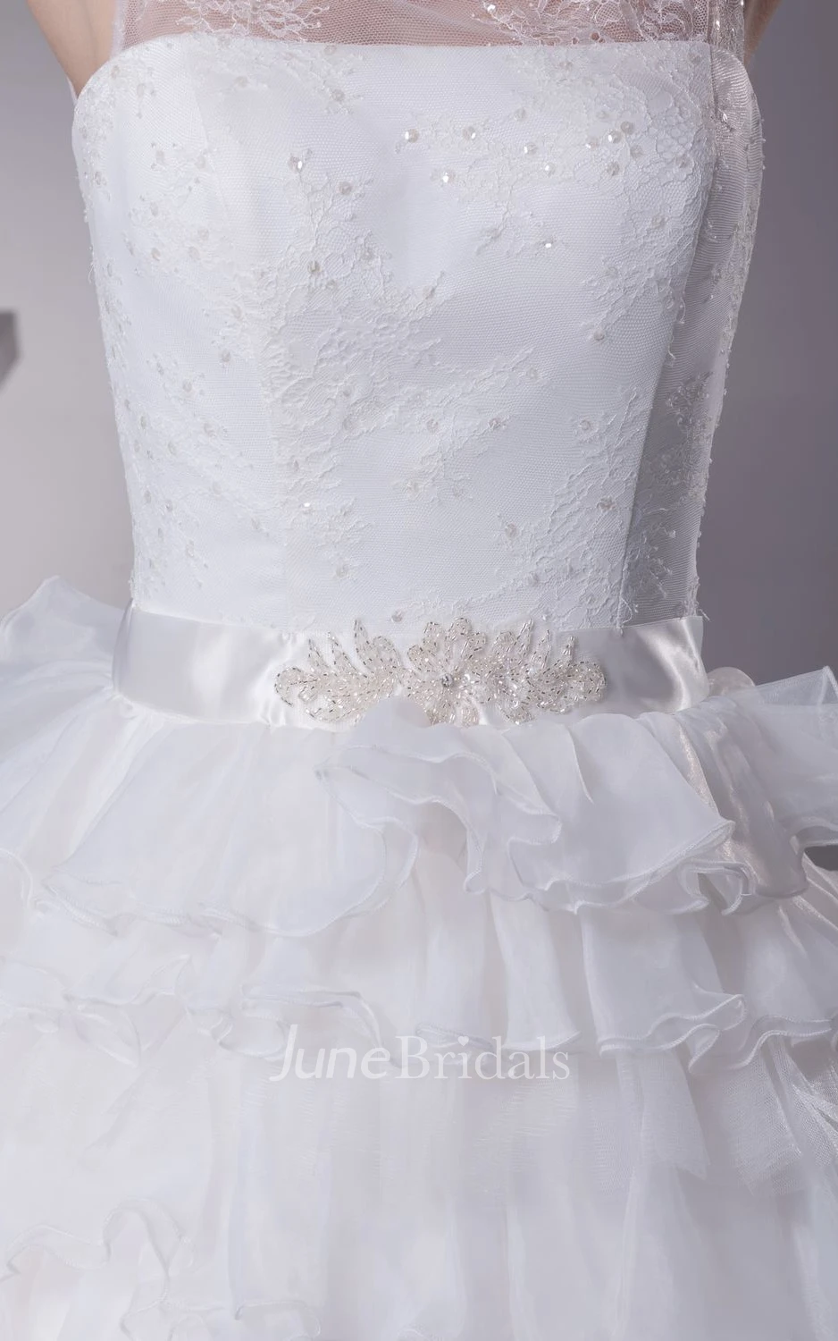 Square-Neck Appliqued A-Line Ball Gown Dress Tiers and Beaded Waist
