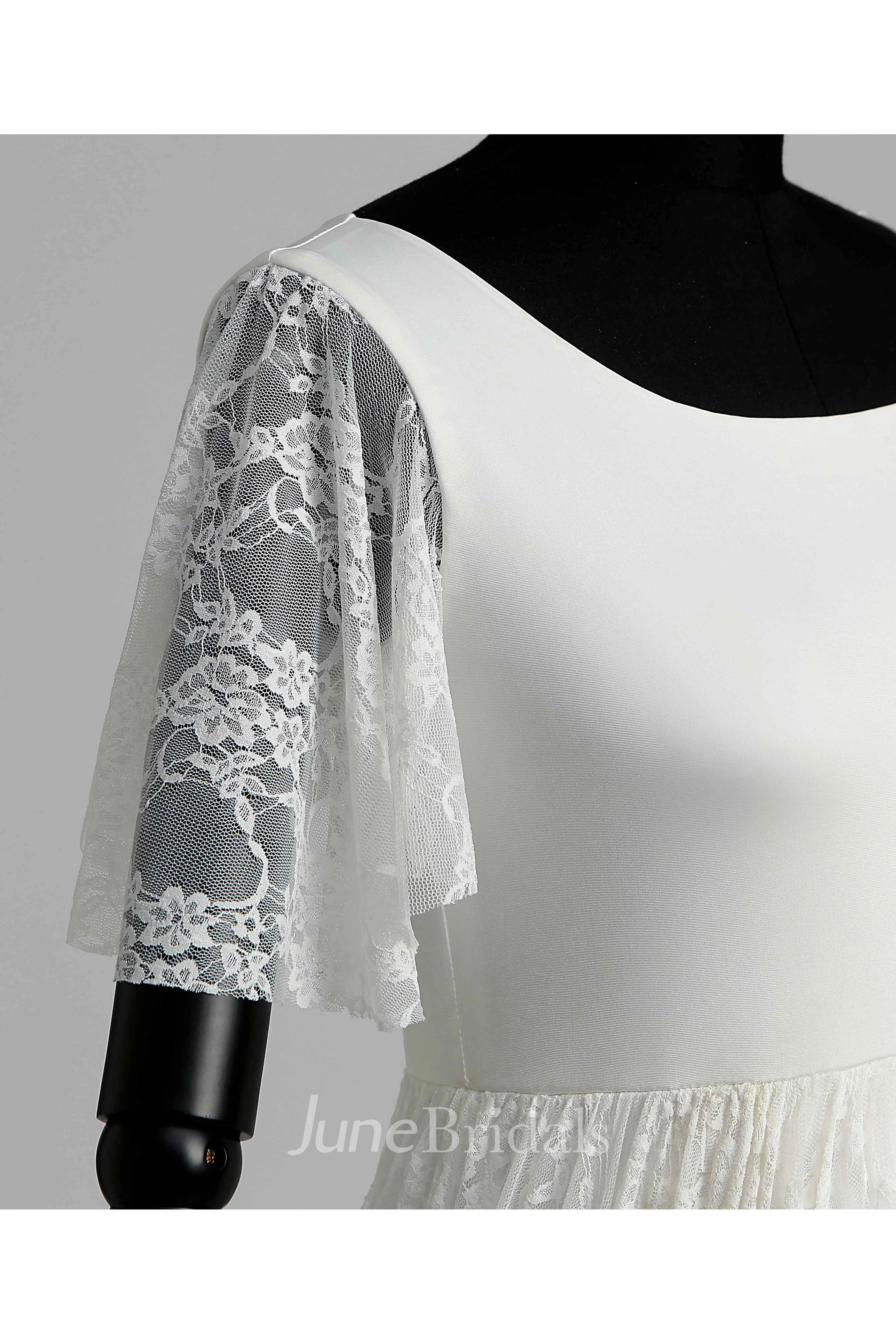 Floor-length Sweep/Brush Train A-line Scoop Illusion Short Sleeve Satin Lace Maternity Weeding Dress