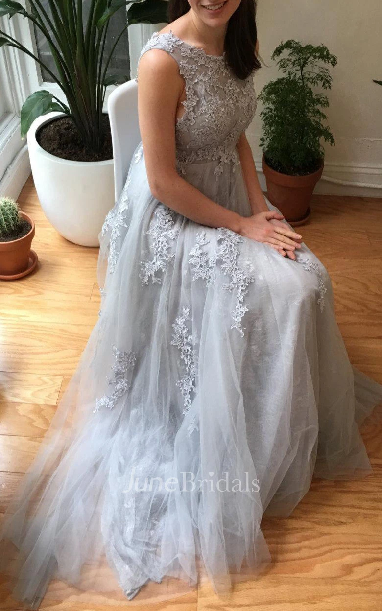 Gray Blue Lace Wedding Dress