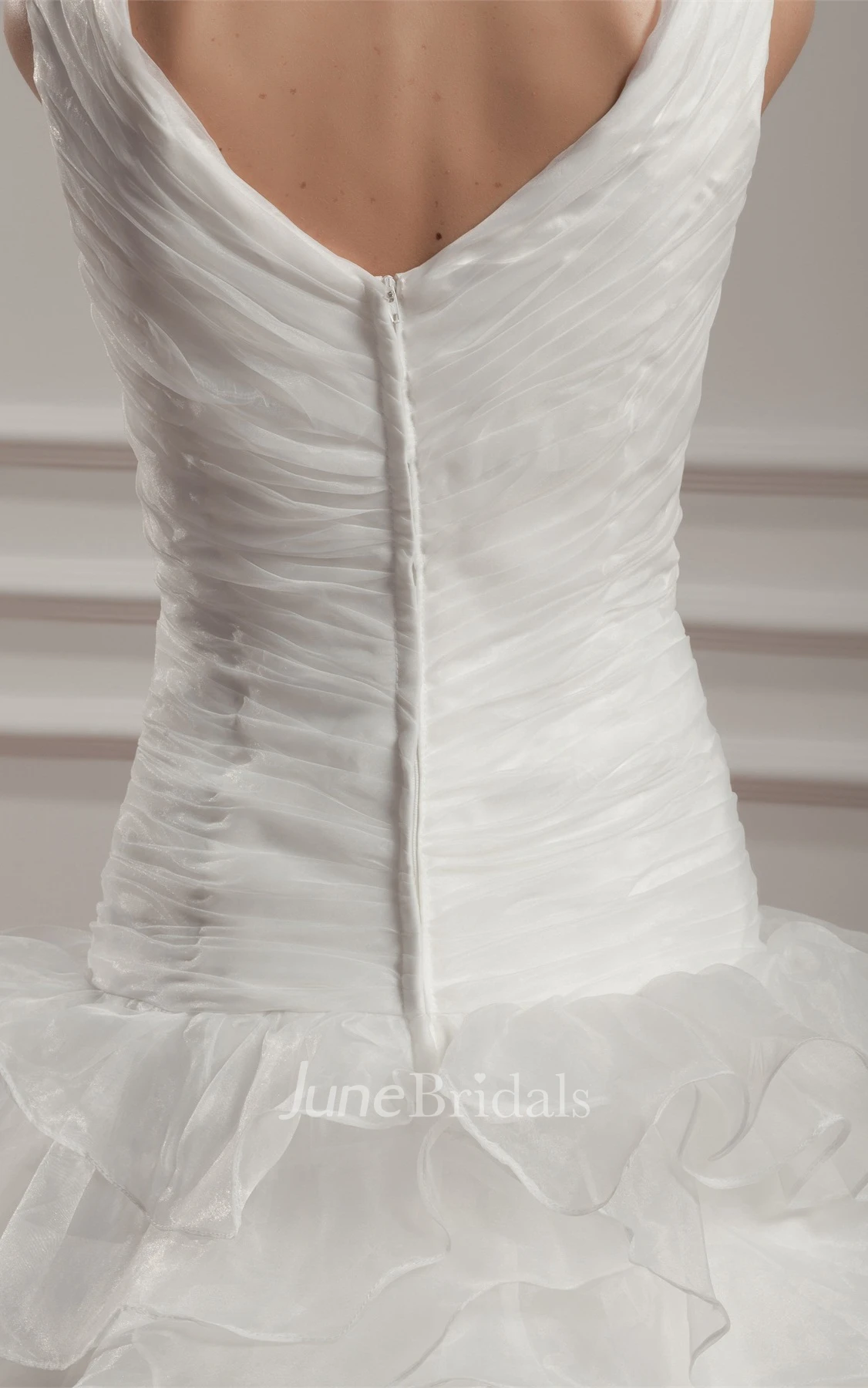 Plunged Sleeveless Ruffled Gown with Tiers and Court Train