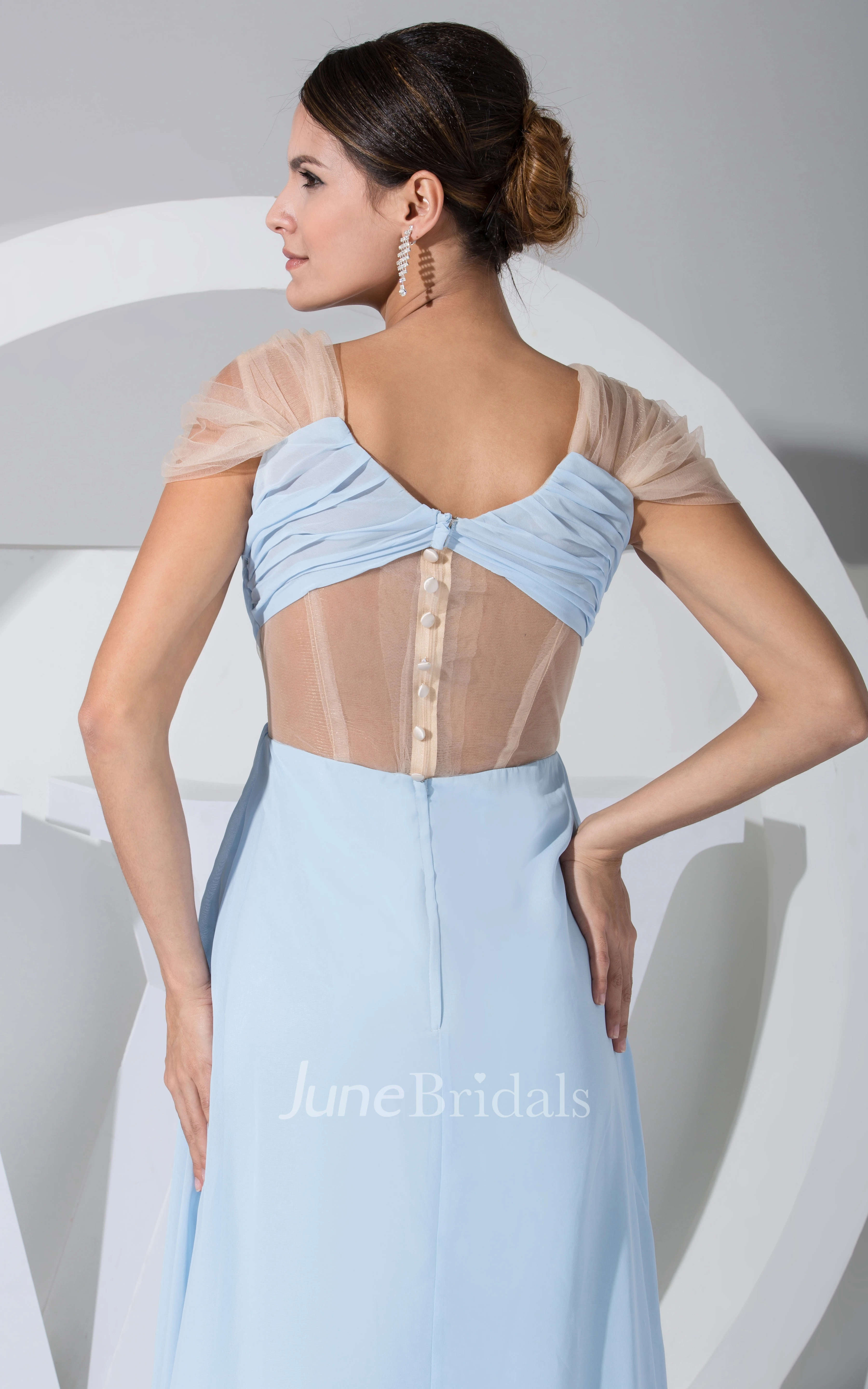 Chiffon Ruched Empire Dress With Brush Train