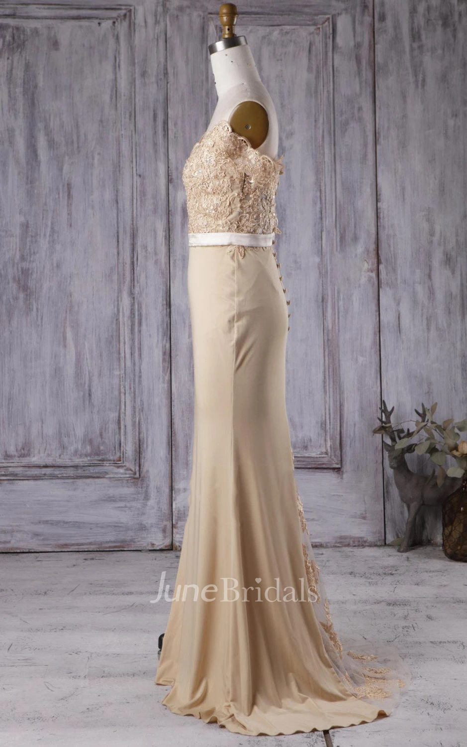 Floor-length Off-the-shoulder V-neck Chiffon&Lace Dress With Beading