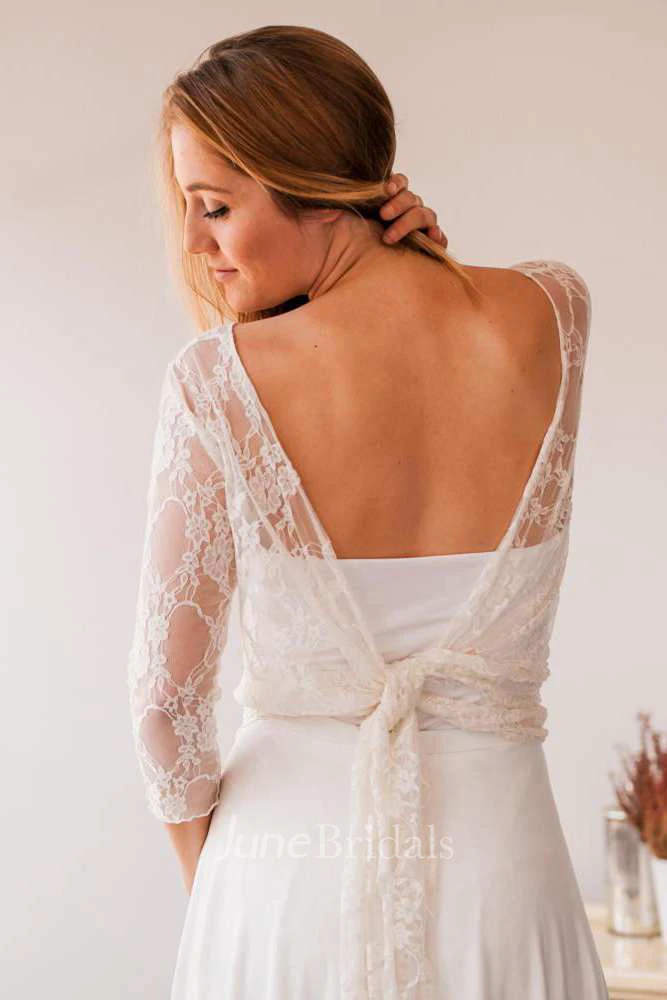 Bateau Lace Illusion Chiffon Floor-Length Wedding Dress With Pleats