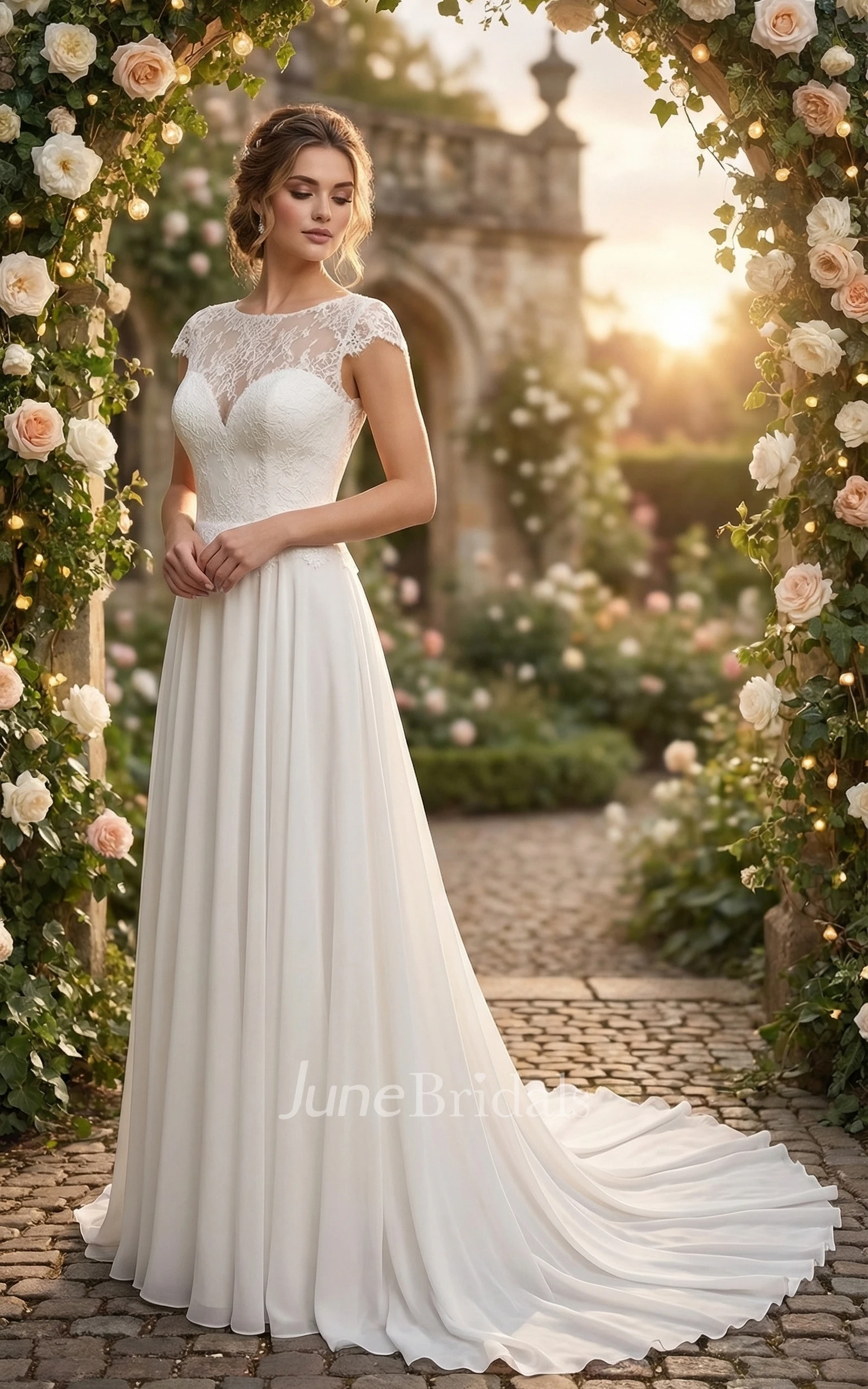 Elegant Lace A-Line Cap Sleeve Wedding Dress with Illusion Deep-V Back