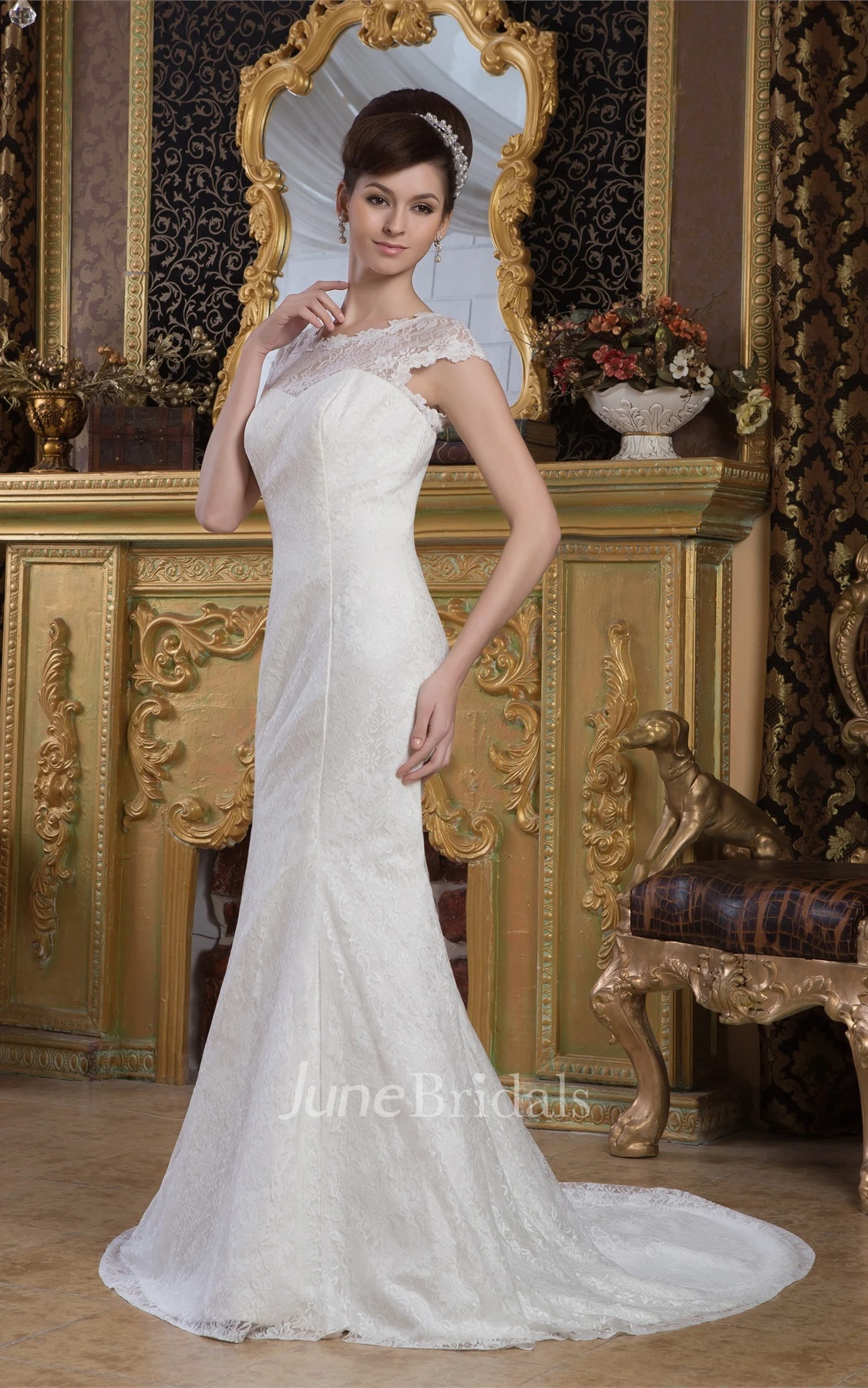 Bateau-Neck Lace Caped-Sleeve Mermaid Dress with Brush Train