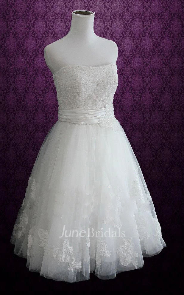Short Knee-Length Strapped Tulle Lace Satin Weddig Dress