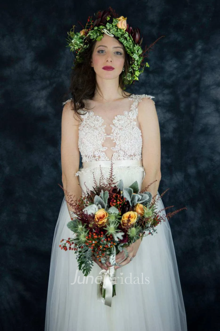 Tulle Satin Beaded Sash Ribbon Lace Backless Zipper Wedding Dress