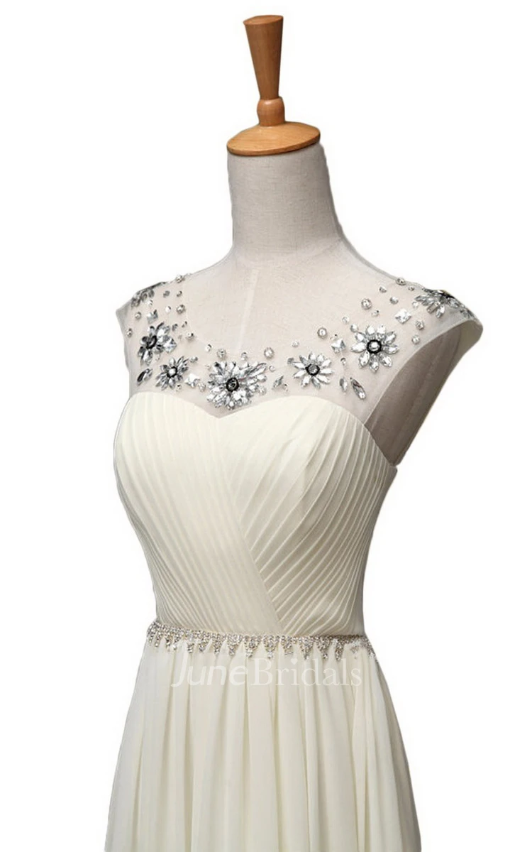 Sleeveless Long Ruffled Chiffon Dress With Beaded Neck