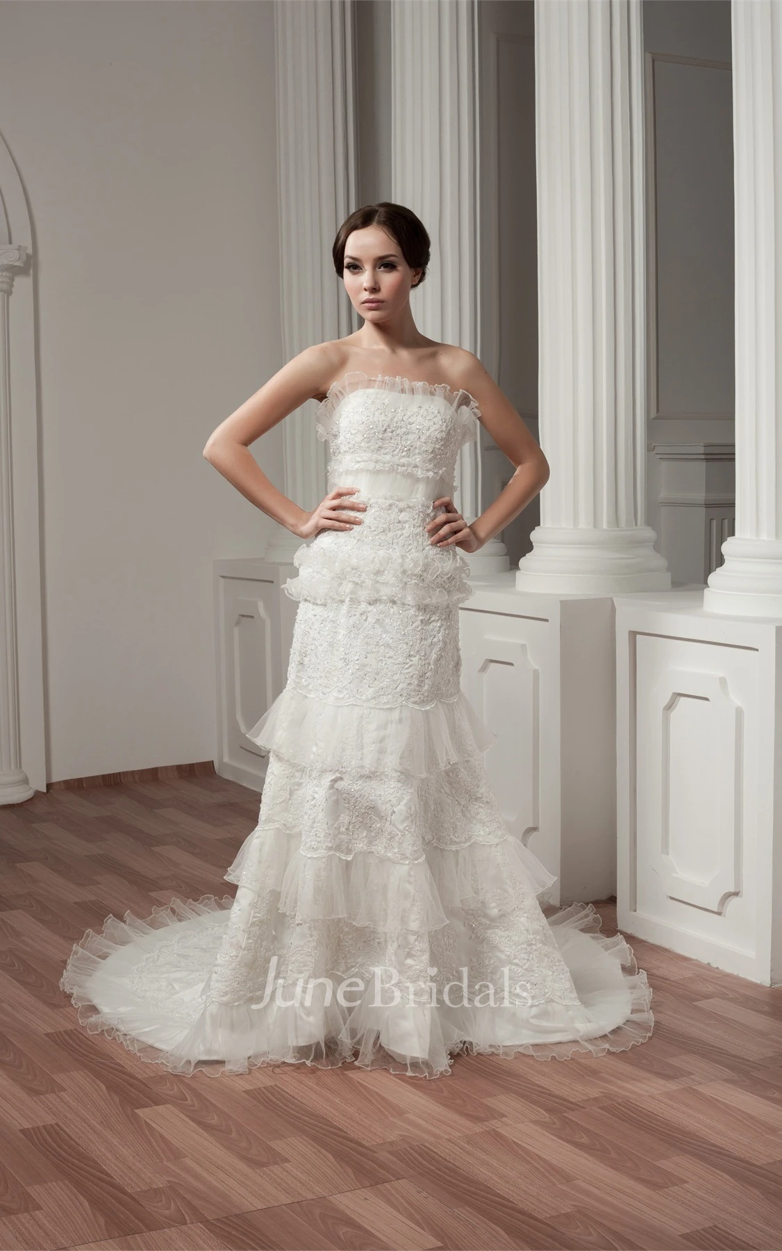 Strapless A-Line Ruffled Gown with Appliques and Peplum