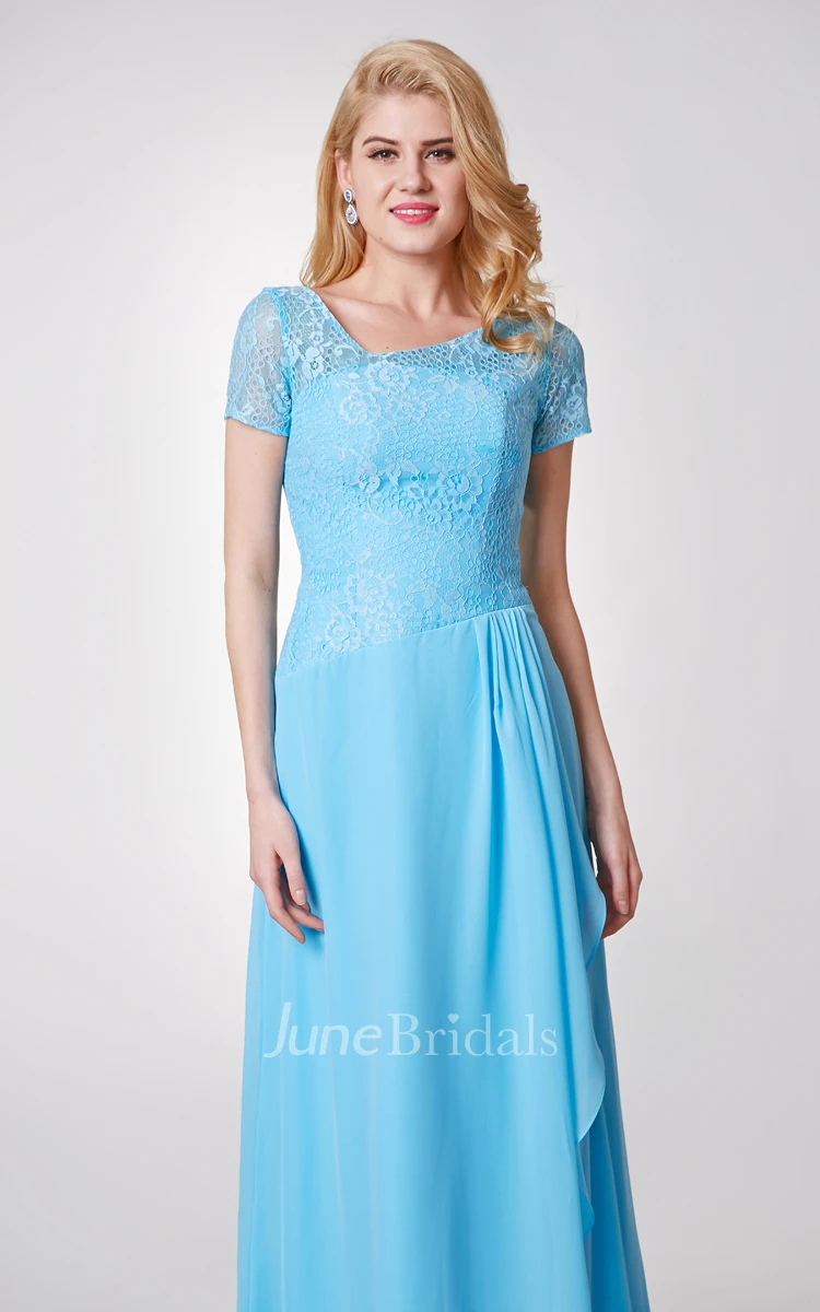 Short Sleeve A-line Long Chiffon Dress With Side Draping