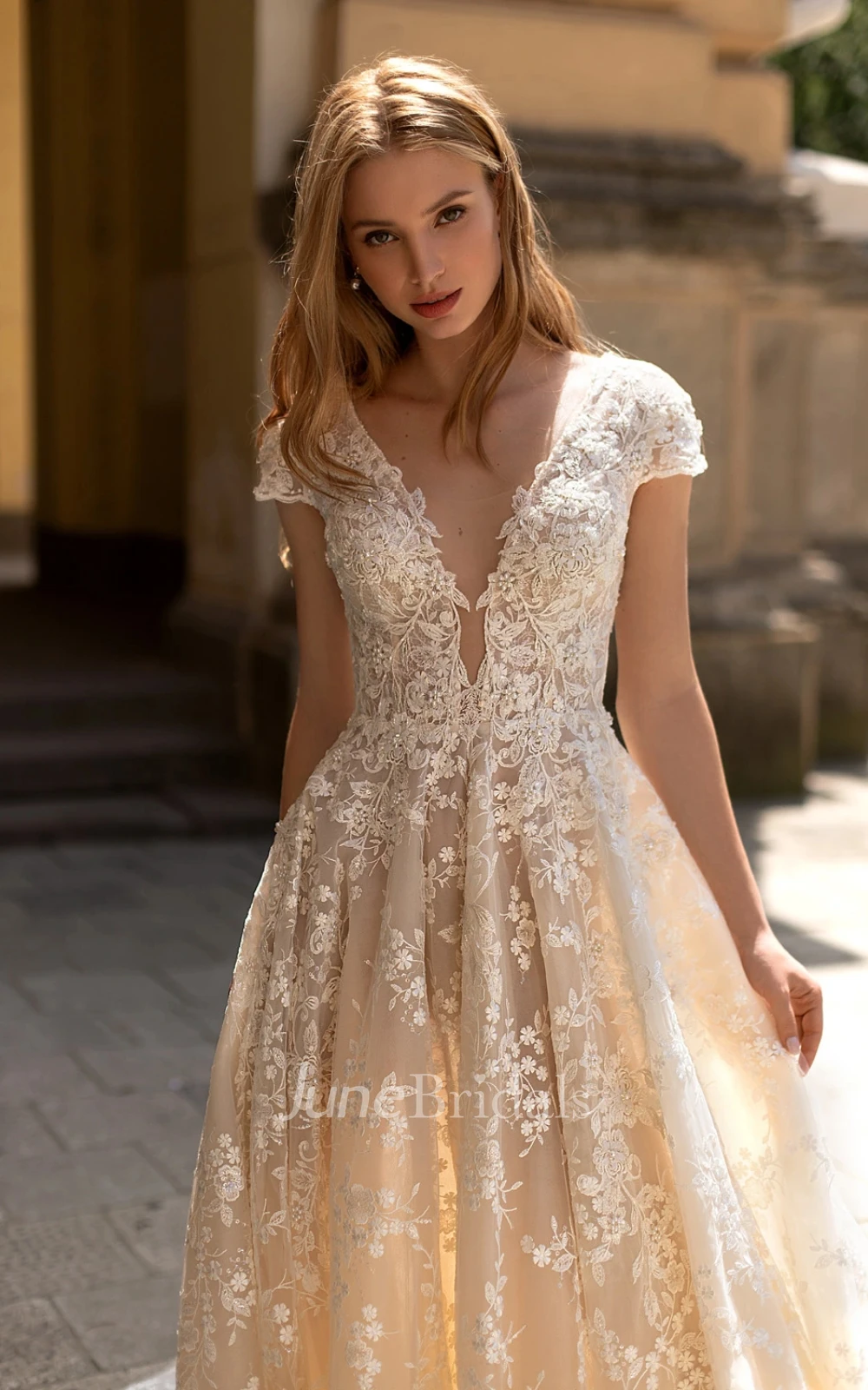 Romantic A-Line Plunging Neckline Lace Spring Wedding Dress With Zipper Back And Appliques