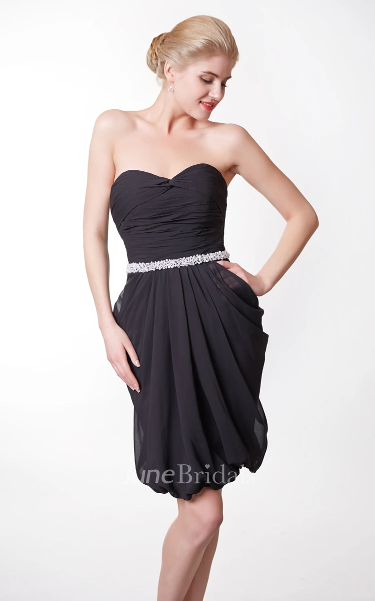 Cute Strapless Beaded Chiffon Short Dress With Puff Style