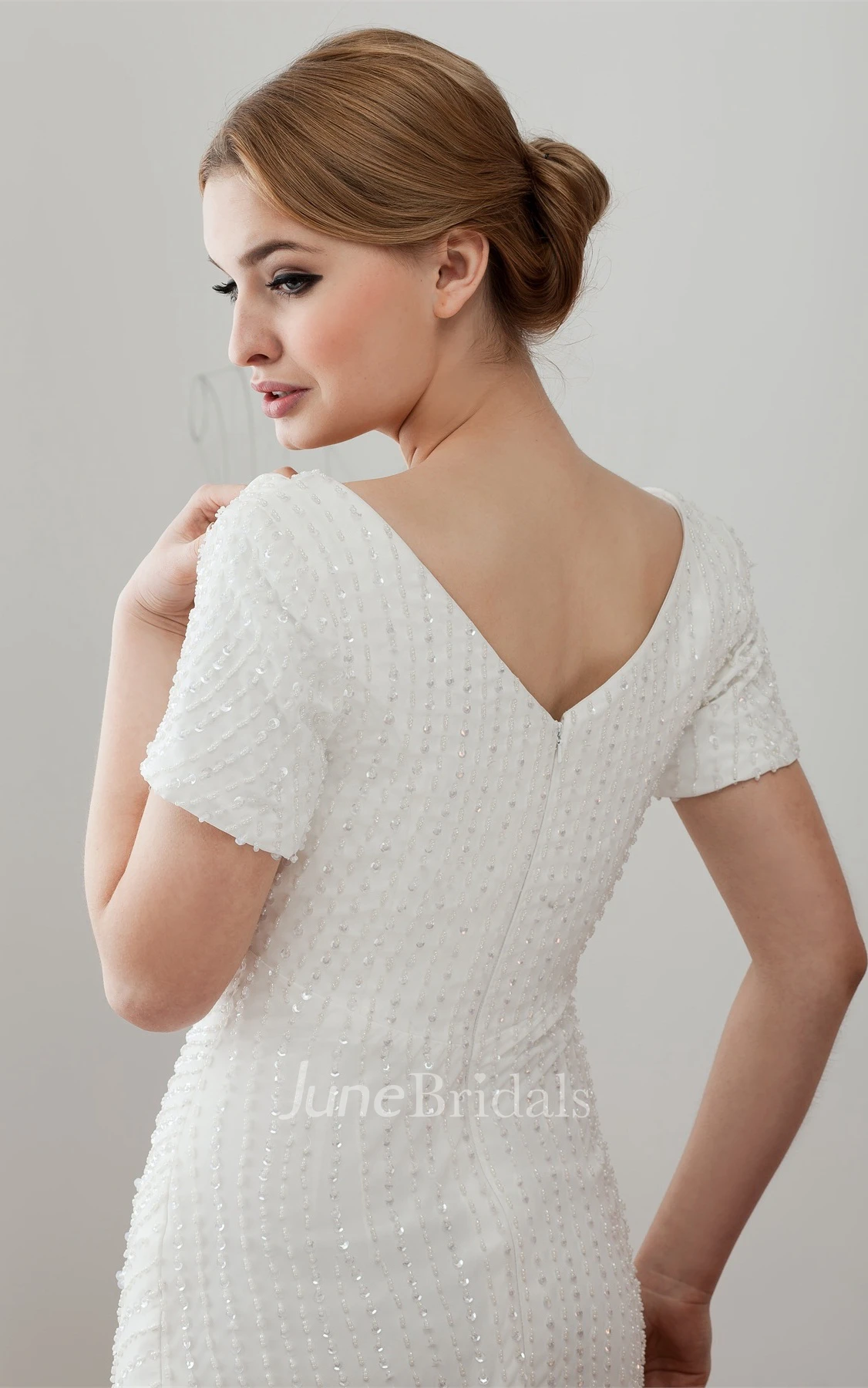 Short-Sleeve V-Neck Sheath Dress with Beading and Brush Train