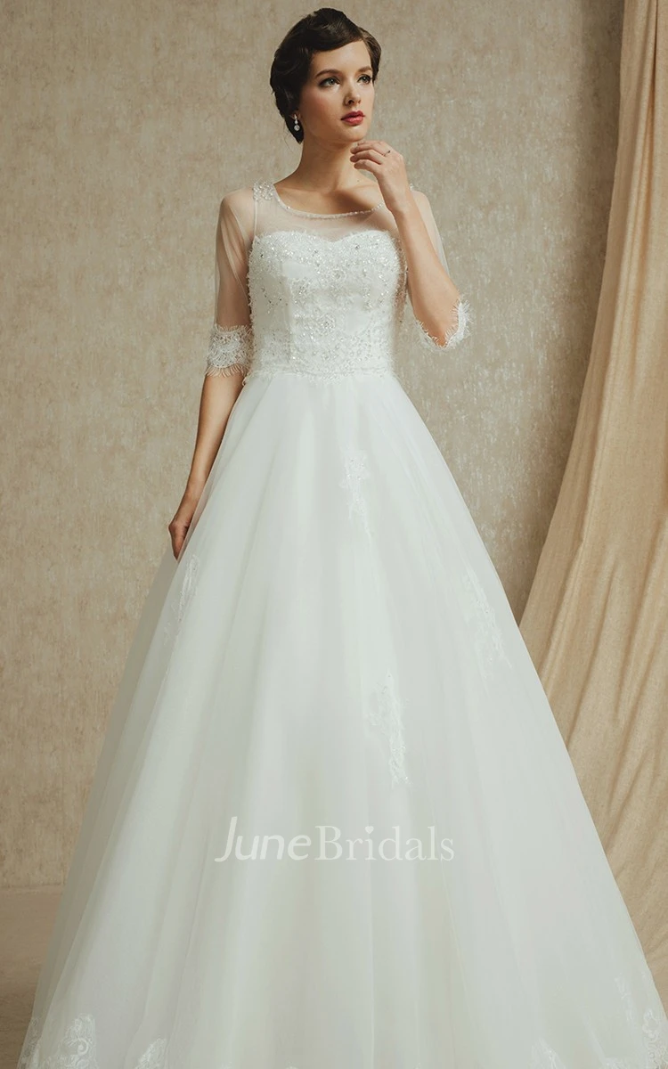 Noble 3 4 Sleeve A-line Organza and English Net Gown With Beading