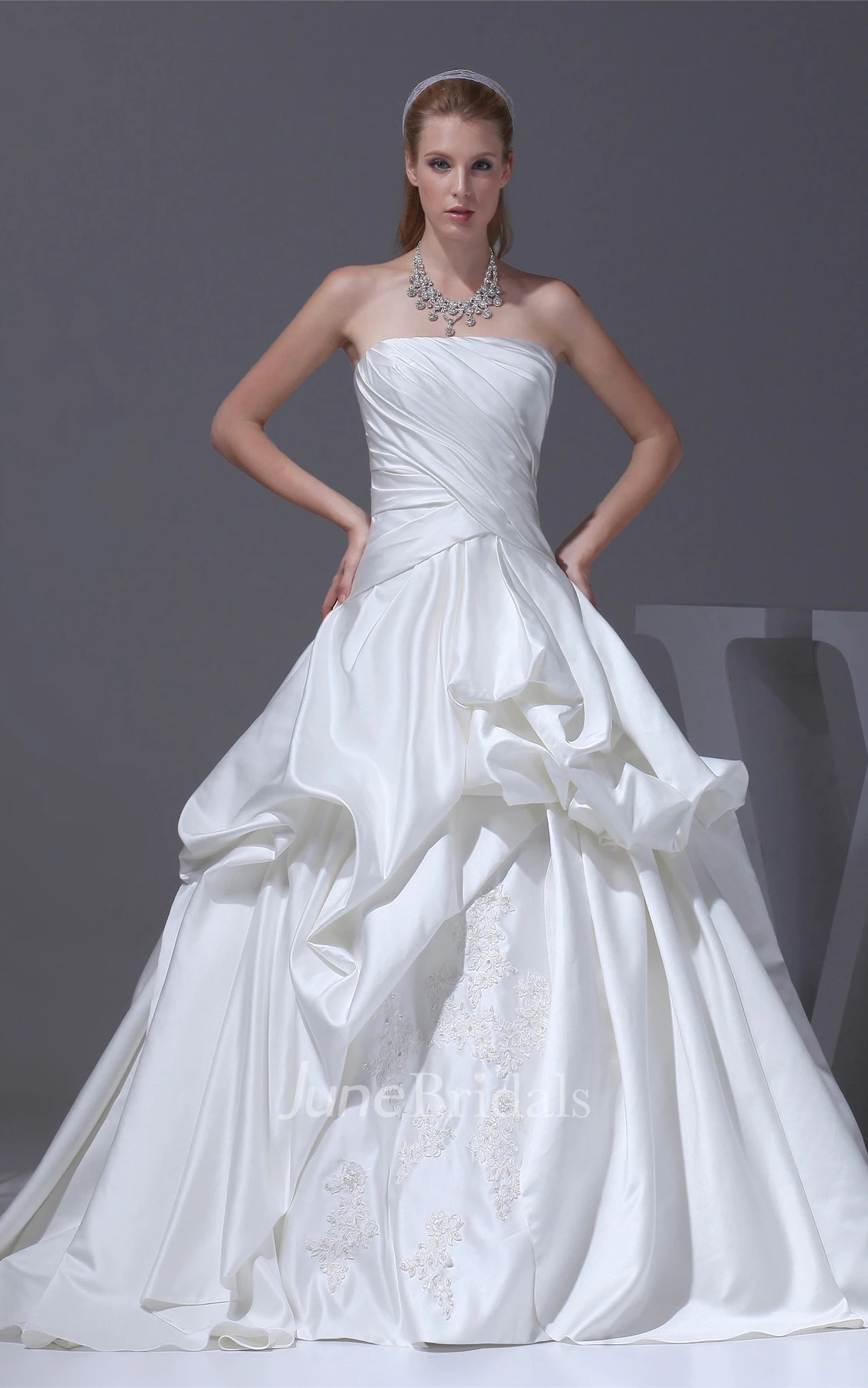 Ruched Criss-Cross Strapless Bodice Gown with Ruffles and Embellishment