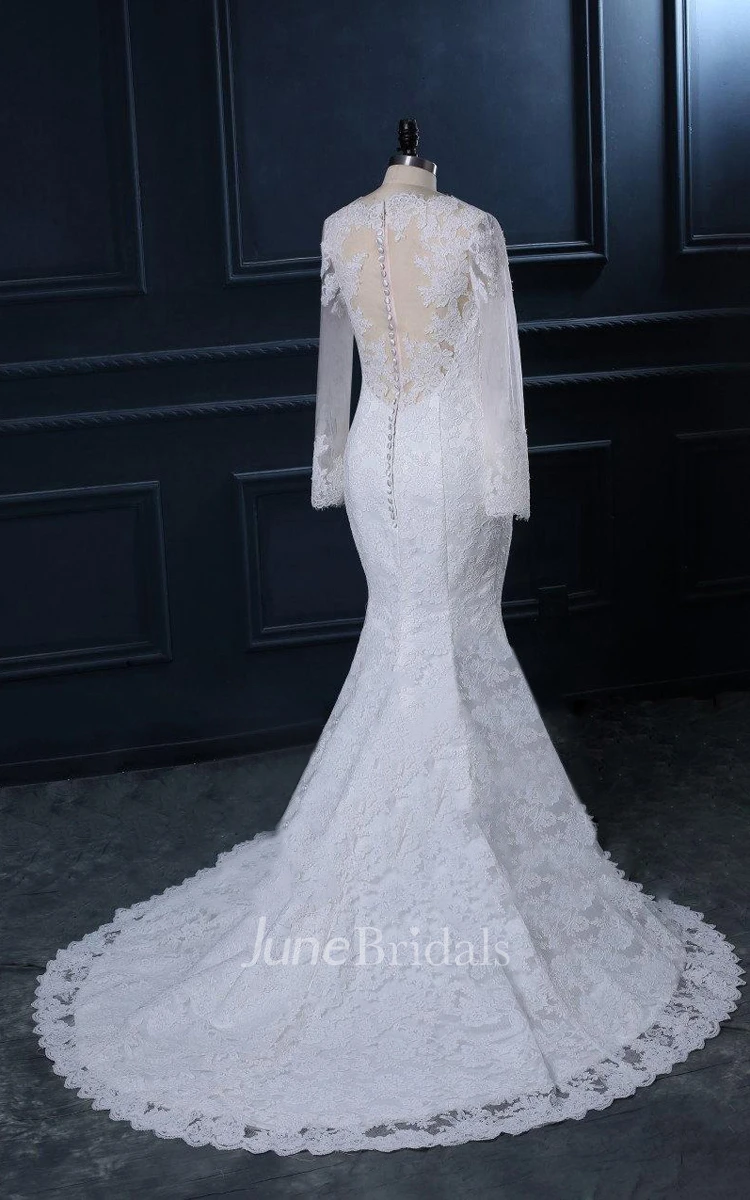 Mermaid Long Sleeve Tulle Lace Satin Dress With Button