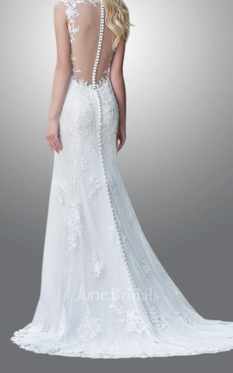 Floor Length Sheath Lace Wedding Dress With Queen Anne Neckline