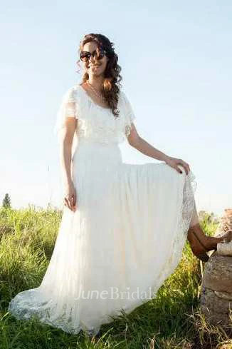 Boho Scoop-Neck Lace And Pleated Wedding Dress