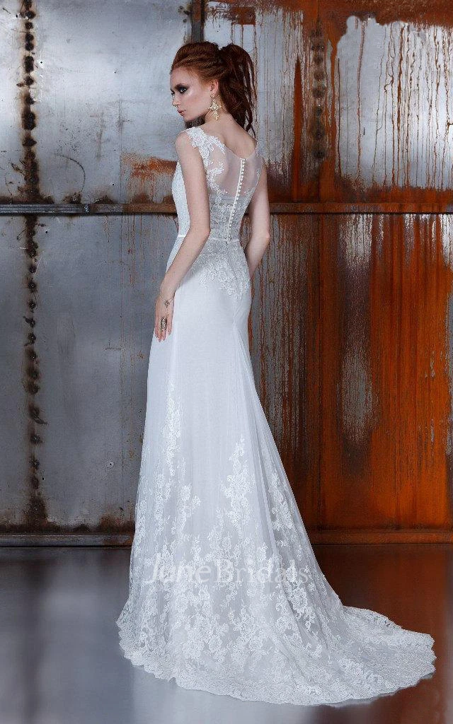 Bateau Sleeveless Sheath Lace Dress With Sweep Train And Illusion Back