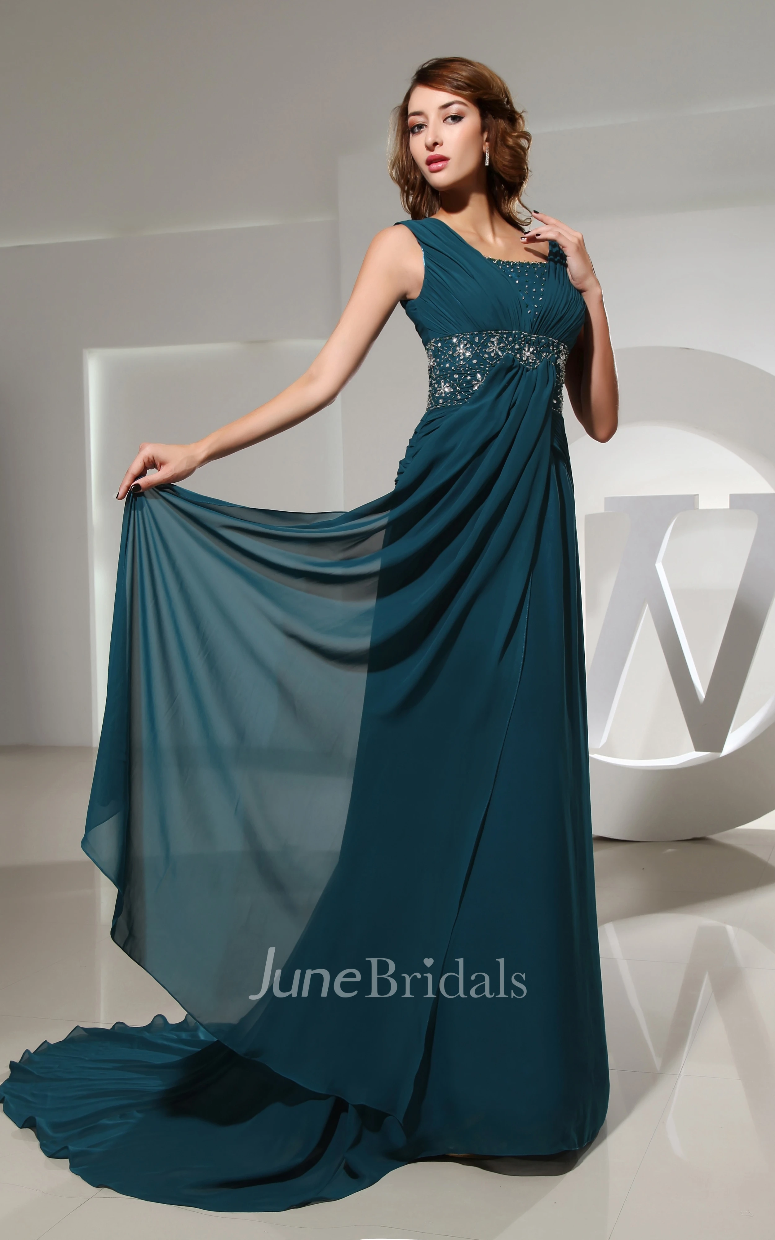 Sleeveless Chiffon Square-Neck Dress With Beaded Waist