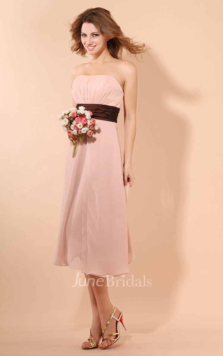 Strapless Tea-Length Dress With Ruching And Ruffle Waist