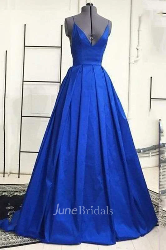 Spaghetti Strap Low V Neck A-line Pleated Long Satin Dress