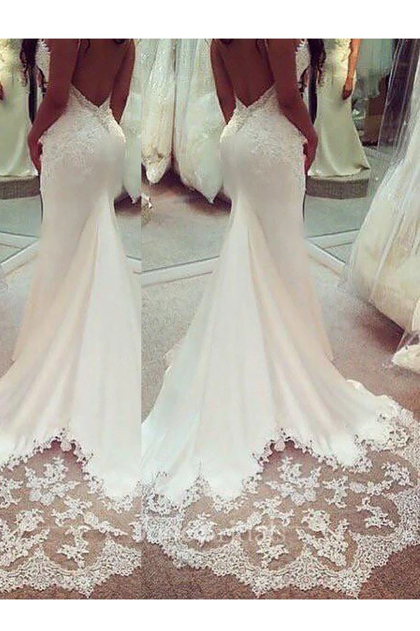 Trumpet Applique Spaghetti Straps Sleeveless Court Train Wedding Dresses