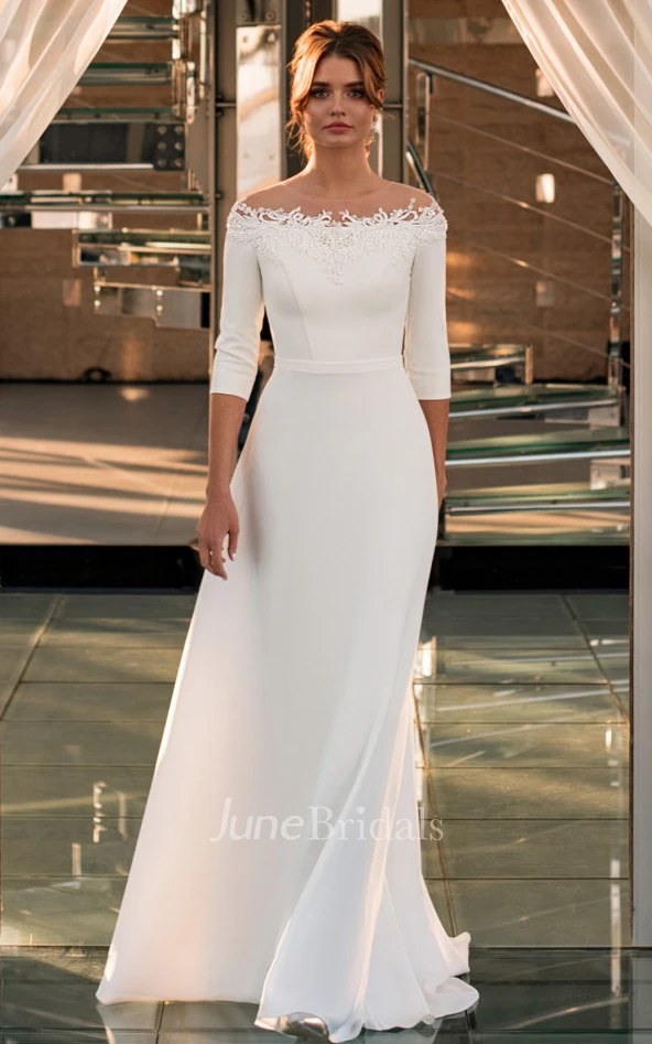 Vintage Modest Sheath Satin Off-the-shoulder 3/4 Length Sleeve Wedding Dress  - June Bridals