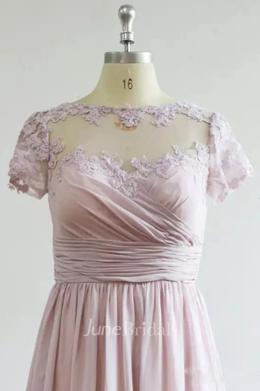 A-line Jewel Cap Short Sleeve Floor-length Chiffon Bridesmaid Dress with Appliques and Ruching