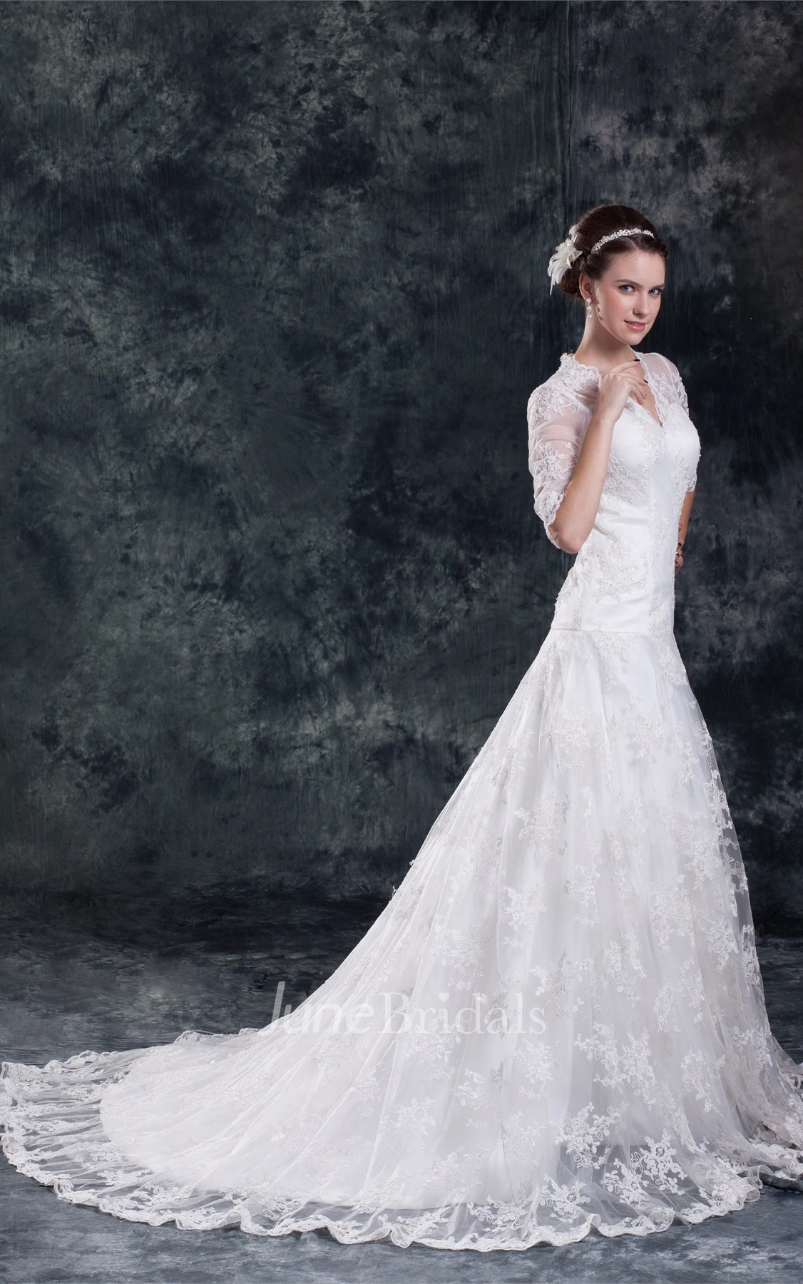 scalloped-neck a-line tulle lace dress with illusion half sleeves