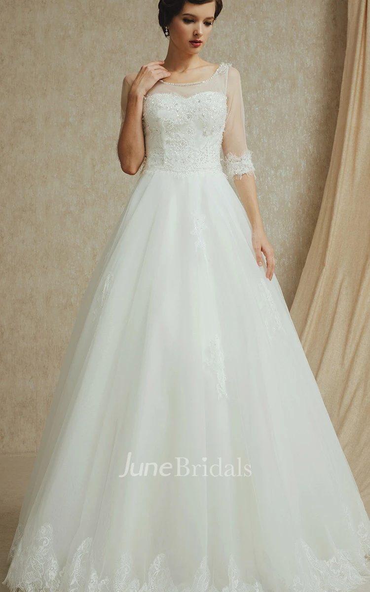 Noble 3 4 Sleeve A-line Organza and English Net Gown With Beading