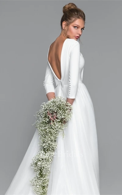 Modern A Line Satin V-neck Bridal Dress with Ruching