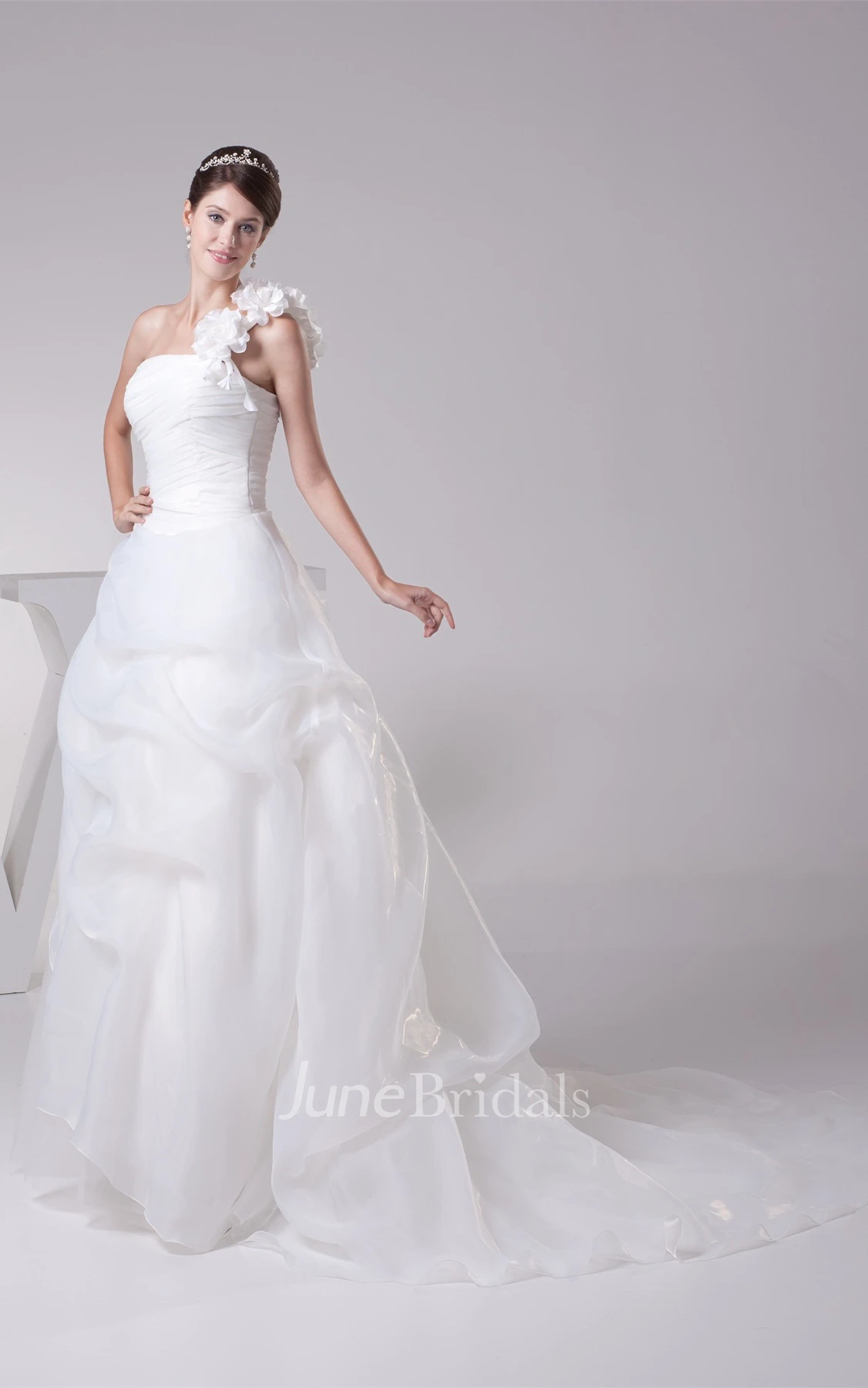 One-Shoulder Pick-Up A-Line Gown with Flower and Ruching