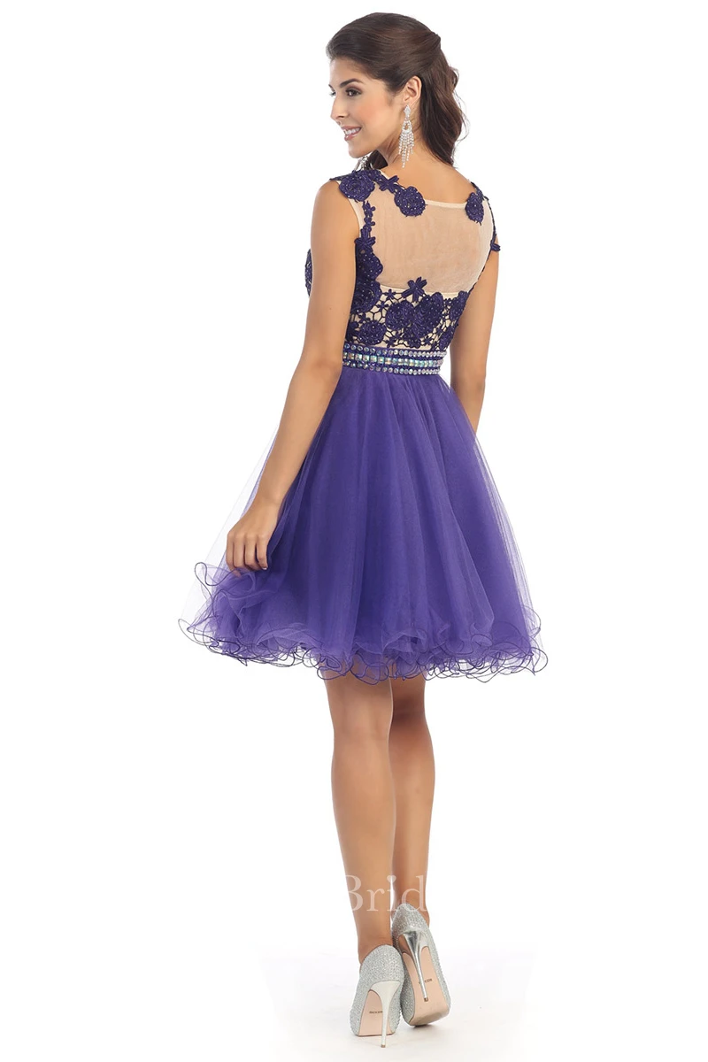 A-Line Short Scoop-Neck Sleeveless Tulle Illusion Dress With Appliques And Pleats