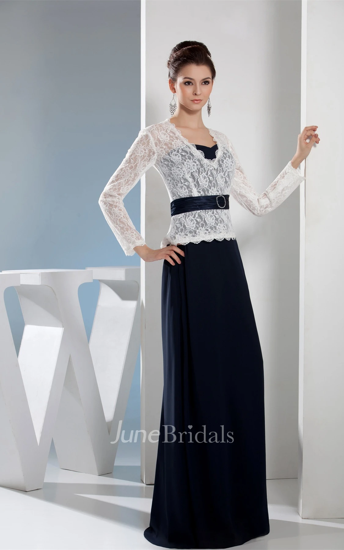 Two-Tone V-Neck Floor-Length Dress with Lace Top