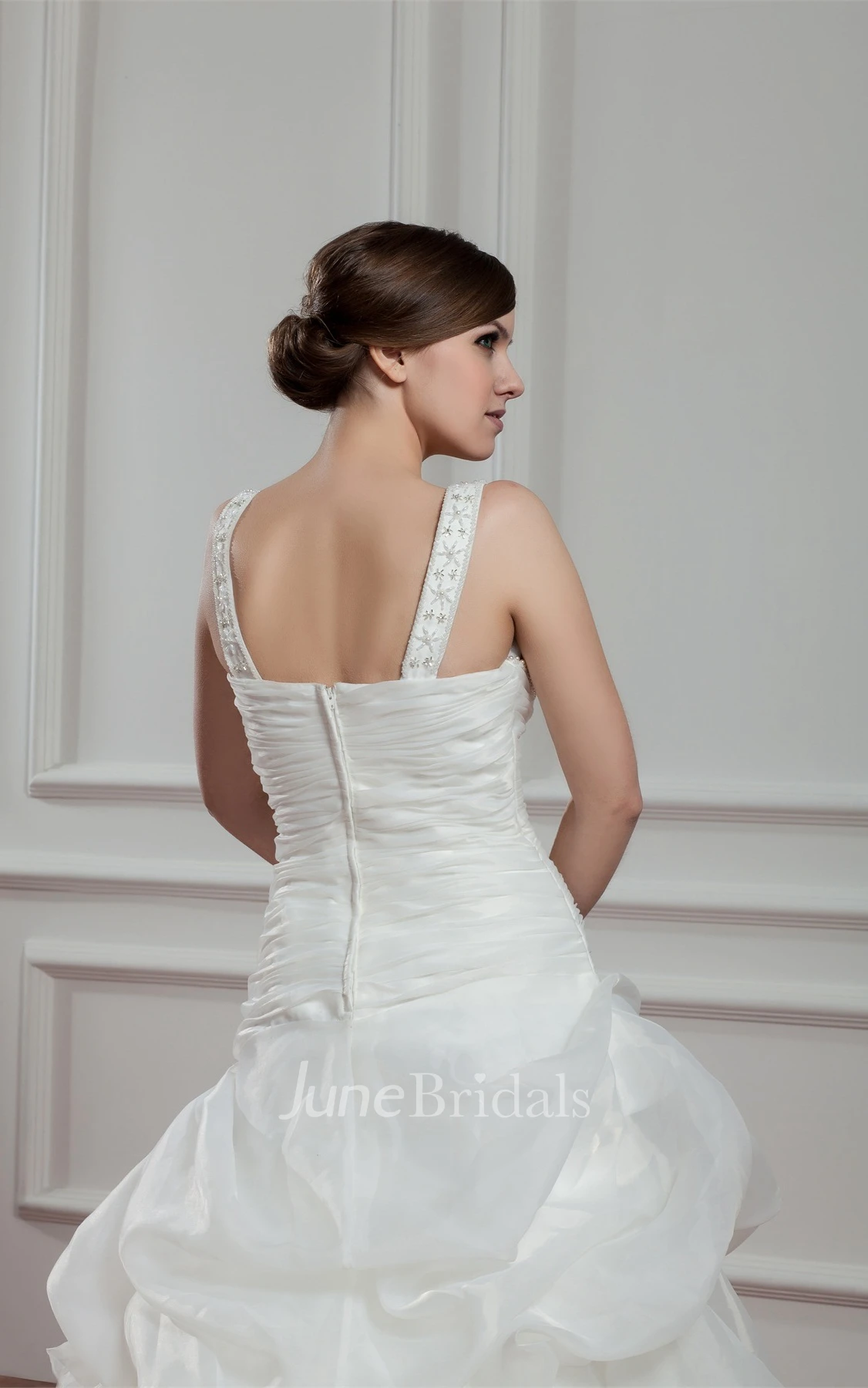 Strapped Pick-Up A-Line Gown with Beading and Ruched Bodice