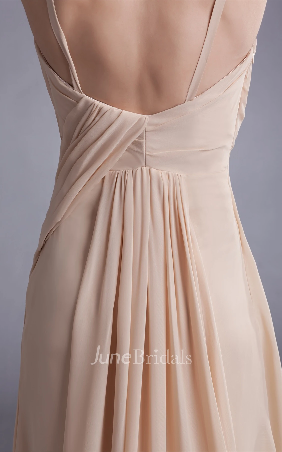 spaghetti-strap maxi chiffon dress with brush train and draping