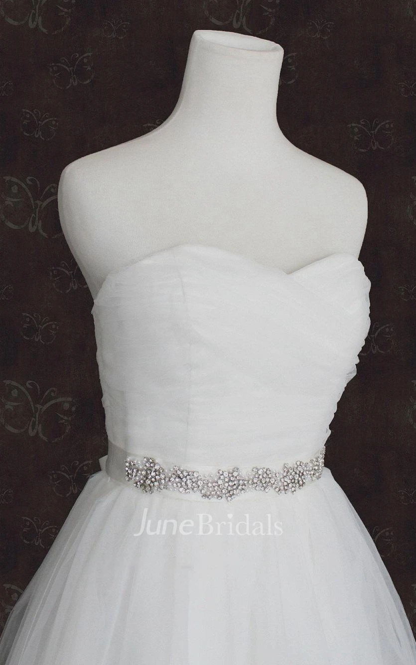 Sweetheart Lace-Up Back Organza Wedding Dress With Sash And Crystal Detailing