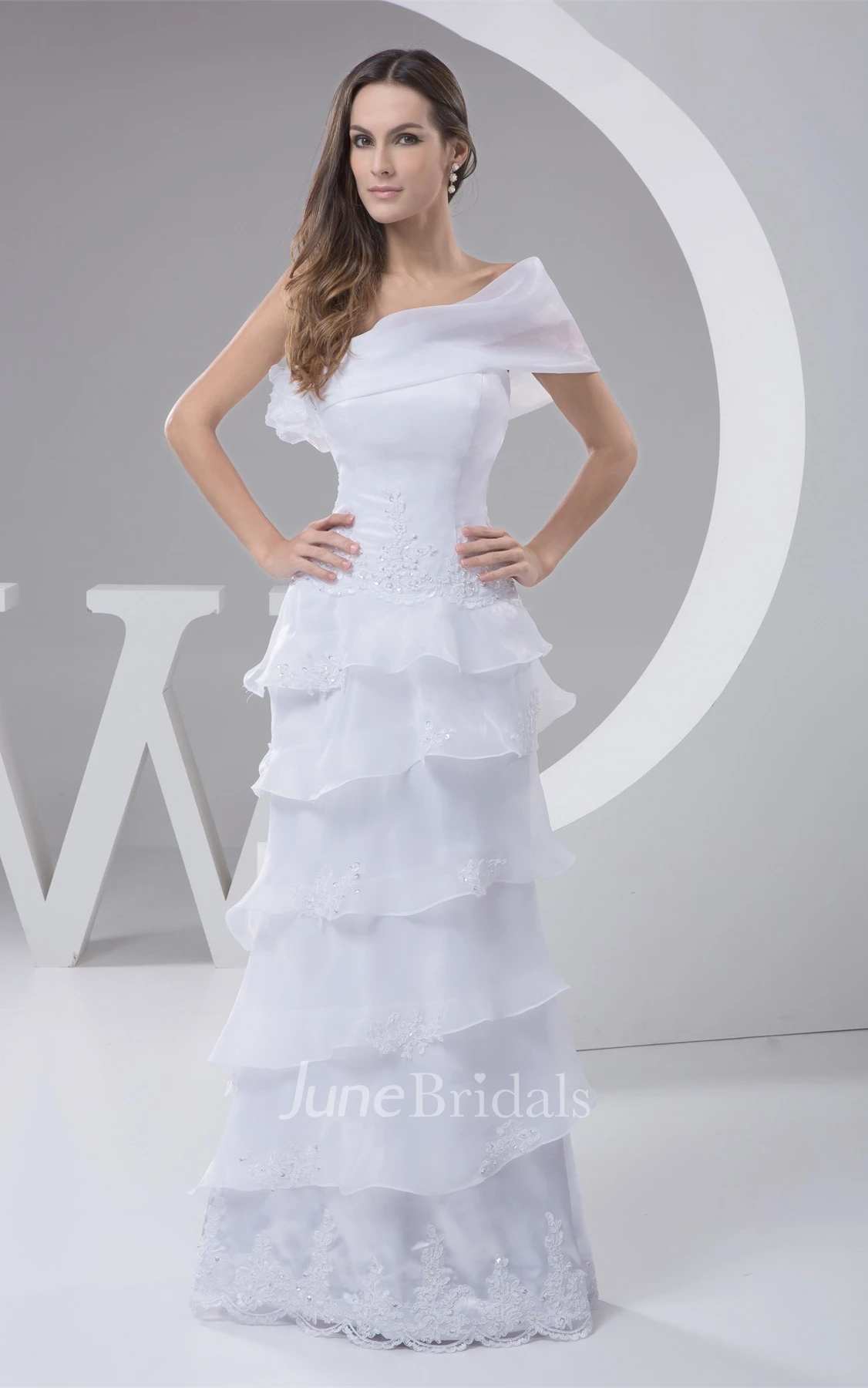 One-Shoulder Sheath Maxi Lace Dress with Tiers and Flower