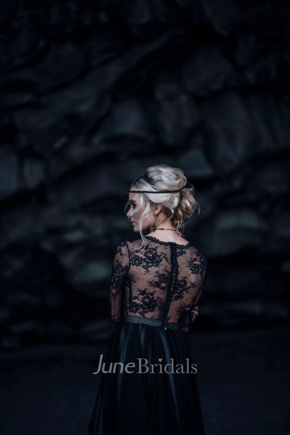 Sheath V-neck Floor-length Dress 3/4 Length Sleeve Button Illusion Back Black Wedding Dress With Lace 