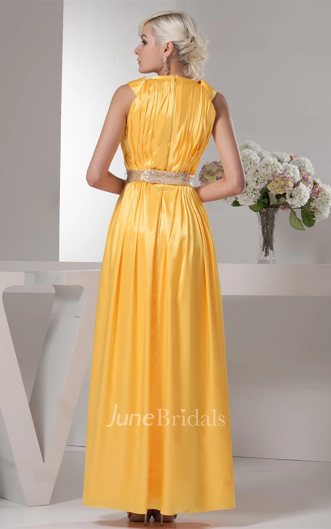 Caped-Sleeve Ruched Ankle-Length Dress with Gemmed Waist