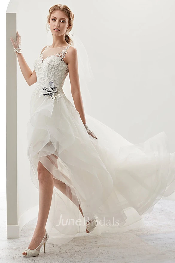 Cap sleeve High-low Bridal Gown with flower Embellishment and Ruffles