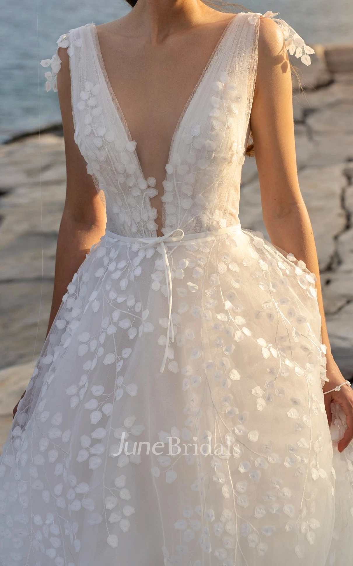 Romantic Petal Lace Flowy Wedding Dress A-Line Deep V-Neck Train Gown