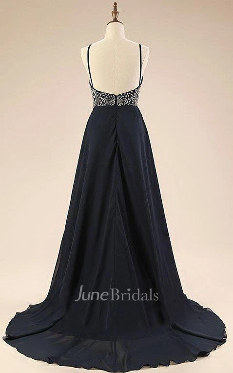 Spaghetti Sleeveless Brush Train Backless Chiffon Dress