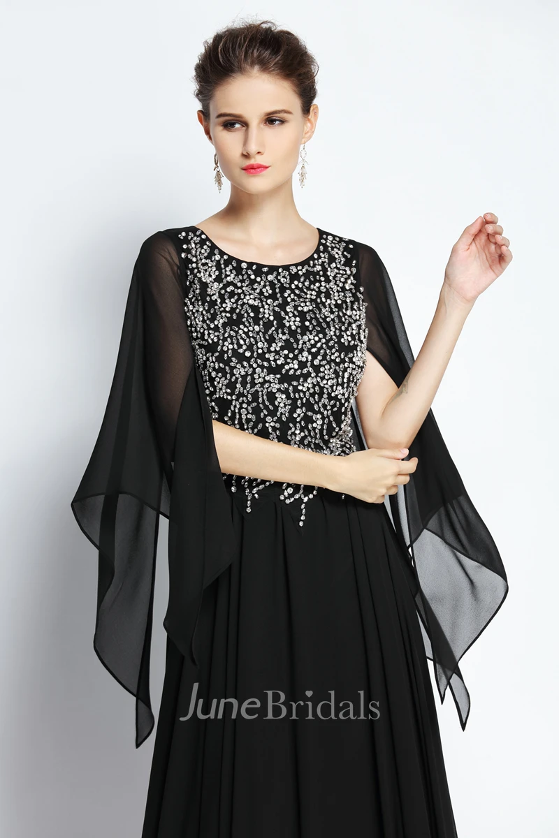 A-Line Jewel Bat Long Sleeve Floor-length Chiffon Prom Dress with Beading and Low-V Back