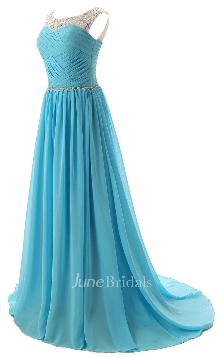 Sleeveless A-line Long Chiffon Dress With Beadings and Pleats